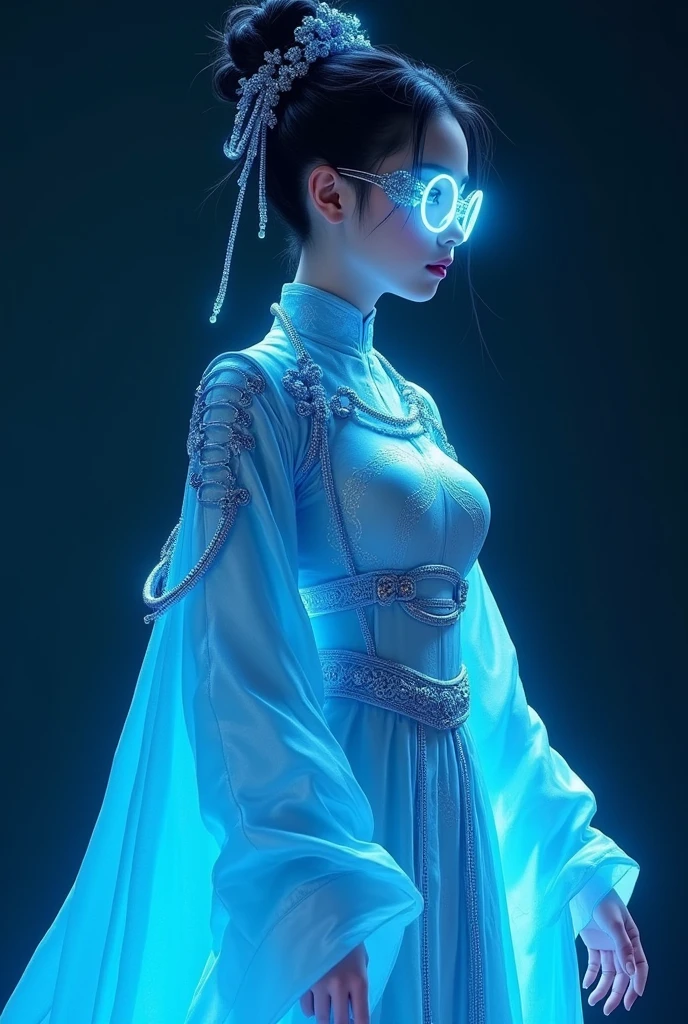 A full-body photo of an 18-year-old girl from the future,grace,beauty,Wearing exquisite sci-fi costumes,The clothing is made of 20%Future punk machinery and 80's%The light and thin traditional Hanfu of ancient China,Blue light glasses,Exquisite hairstyle,intricate bun,Shiny mane,The overall blue tone of the task,Emitting a light blue halo,Dim background,Blind Box,Popmart Style,Pixar style,Depth of Field,Ray Tracing Side View,Intricate details,Unreal engine,Eightfold Rendering,Side Light,illustration,Side Light,Bright contrast,Full HD,16k uhd,high resolution,High Saturation,Excellent clarity,accurate colors,True colors,High fidelity perfect picture quality,Super detailed,Stunning details。