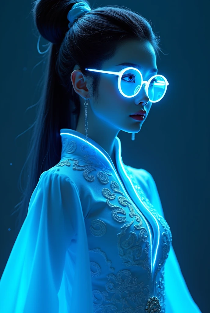 A full-body photo of an 18-year-old girl from the future,grace,beauty,Wearing exquisite sci-fi costumes,The clothing is made of 20%Future punk machinery and 80's%The light and thin traditional Hanfu of ancient China,Blue light glasses,Exquisite hairstyle,intricate bun,Shiny mane,The overall blue tone of the task,Emitting a light blue halo,Dim background,Blind Box,Popmart Style,Pixar style,Depth of Field,Ray Tracing Side View,Intricate details,Unreal engine,Eightfold Rendering,Side Light,illustration,Side Light,Bright contrast,Full HD,16k uhd,high resolution,High Saturation,Excellent clarity,accurate colors,True colors,High fidelity perfect picture quality,Super detailed,Stunning details。