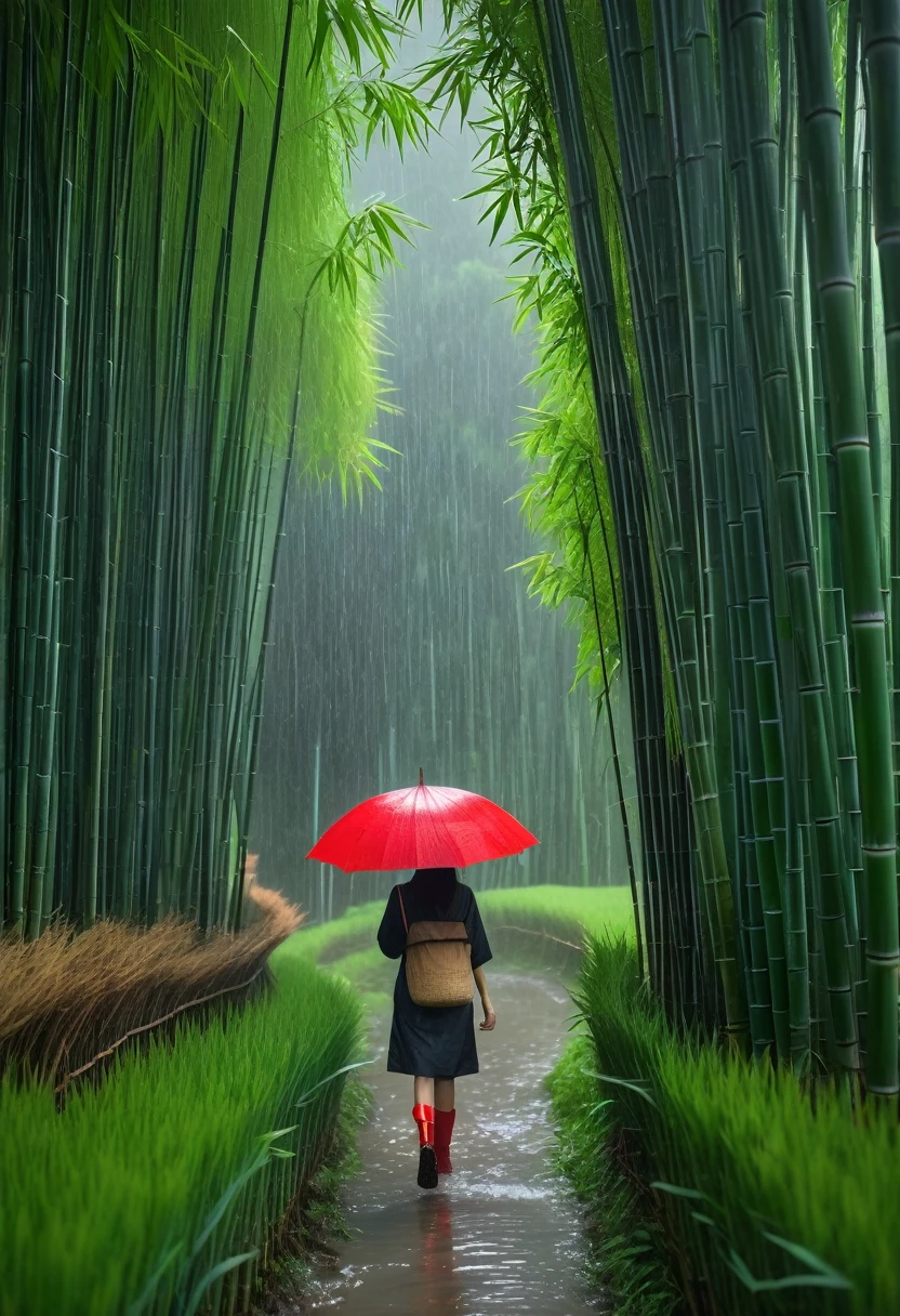 8K quality, ultra-high definition, realistic, Kyoto, Japan, bamboo forest and countryside, rain, dim light, dark even though it is daytime, newly planted rice fields in the foreground, bamboo forest spreading out horizontally behind them, strong winds swaying the bamboo forest and rain falling, a girl walking along a narrow footpath between the bamboo forest and rice fields with a red umbrella, the girl is alone and wearing rain boots, the girl is walking quickly, a bird's-eye view of the whole, the girl is a small presence in the scenery, the red color of the girl's umbrella contrasts with the green of the bamboo forest and rice fields, the sky is covered with rainclouds, a scene symbolizing the rainy season in Japan, artistic, a masterpiece.