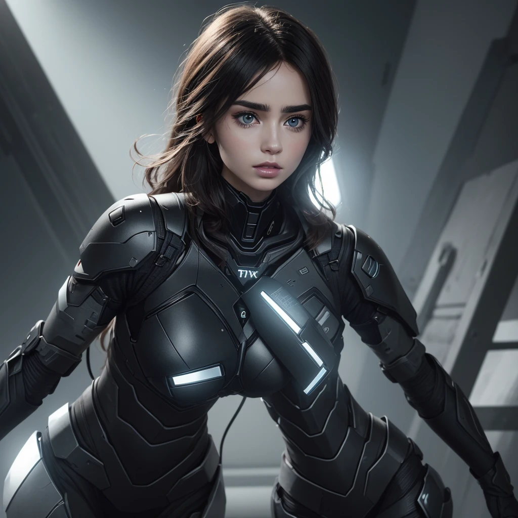 Cinematic facial features, clear and incredibly detailed, They capture the essence of LILY COLLINS with stunning beauty. The color grading is very well done., improving the overall cinematic feel. Unreal Engine le da vida, its appearance even more fascinating. With the use of depth of field. (DOF), every detail is focused and accentuated, drawing attention to your eyes and hair. Image resolution is at its maximum. We use super resolution technology to ensure every pixel is perfect. Cinematic lighting enhances your aura, while anti-aliasing techniques like FXAA and TXAA keep edges smooth and clean. Adding realism to the ROBOCOP-like body suit, RTX technology enables ray tracing. It seems like it&#39;s really there. Besides, SSAO (Screen space ambient occlusion) Gives depth and realism to the scene., The girl Her presence is even more convincing. In the post-processing and post-production stages, tone mapping enhances colors, creating a captivating visual experience. CGI Integration (computer generated images) and visual effects (Visual effect Enhance your robotic features perfectly. Sound effects (Sound effects) complement visual art, immersing the viewer even more in this fantastic world. The level of detail is impressive., with intricate elements meticulously crafted, la obra de arte is hyper maximalist and hyper realist. Volumetric effects add depth and dimension., and the photorealism is incomparable. Image is rendered in 8K resolution, ensuring super detailed images that add a touch of magic. , highlighting her beauty and aura in an otherworldly way. High dynamic range technology (HDR) makes the colors pop, adding richness to the overall composition. Finally, This work of art presents an unreal, Blonde