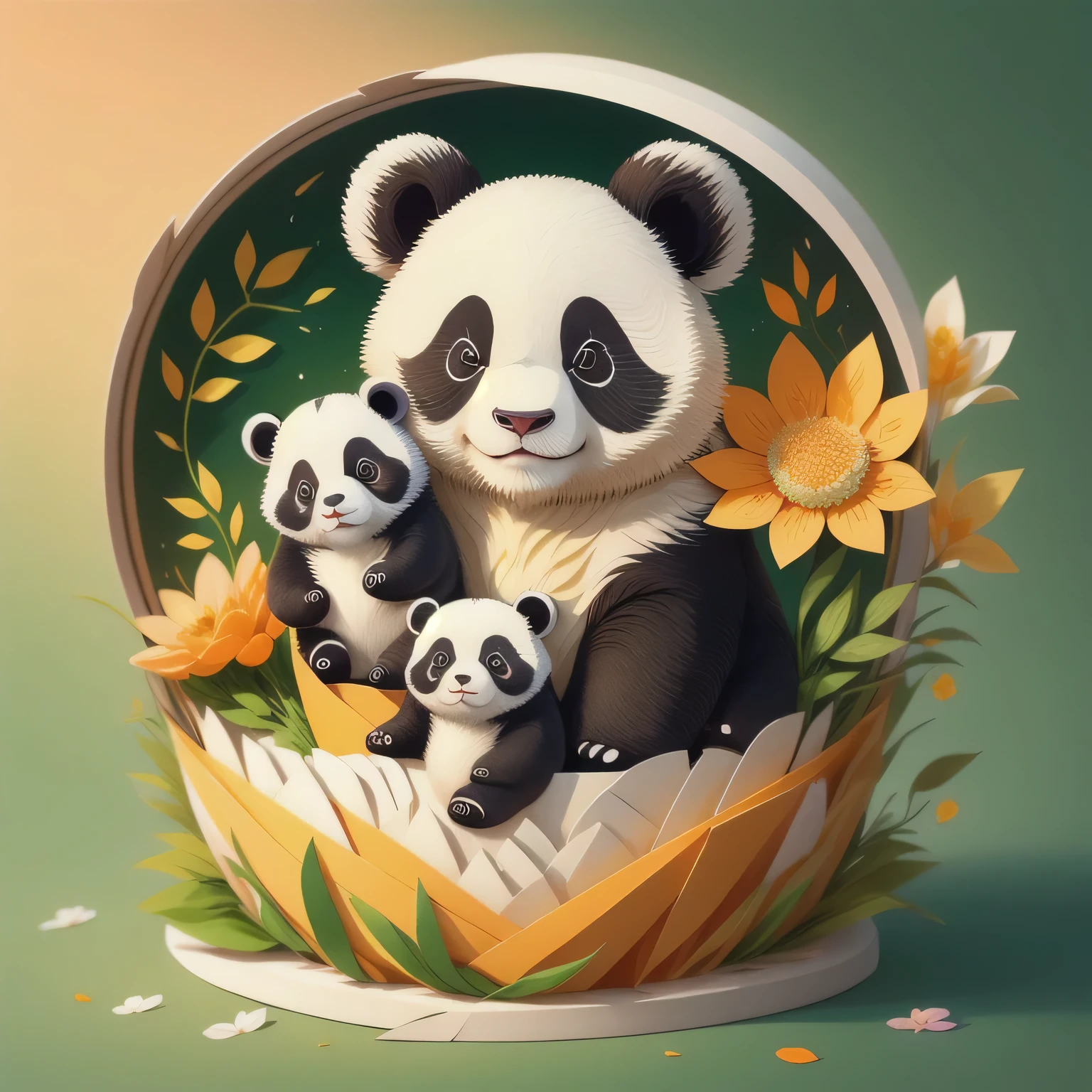paper-cut craft, Frameless, No mask, A cute panda is sandwiched between colorful vanilla oil flower outlines, Gradient green and orange wall, Depth of Field, Sony FDR-AX60,