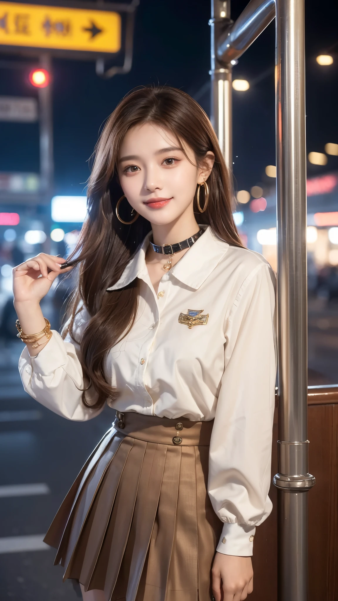 masterpiece,High Detail,8K resolution,Seven-point lens,Exquisite facial features,Perfect face,Cyberpunk,individual,woman,Smile,Long hair,Brown hair,Bob,Bracelet,Metal collar,Hoop Earrings,Earrings,school uniform,Pleated Skirt,night,Sea,TRAIN STATION,Level Lighting