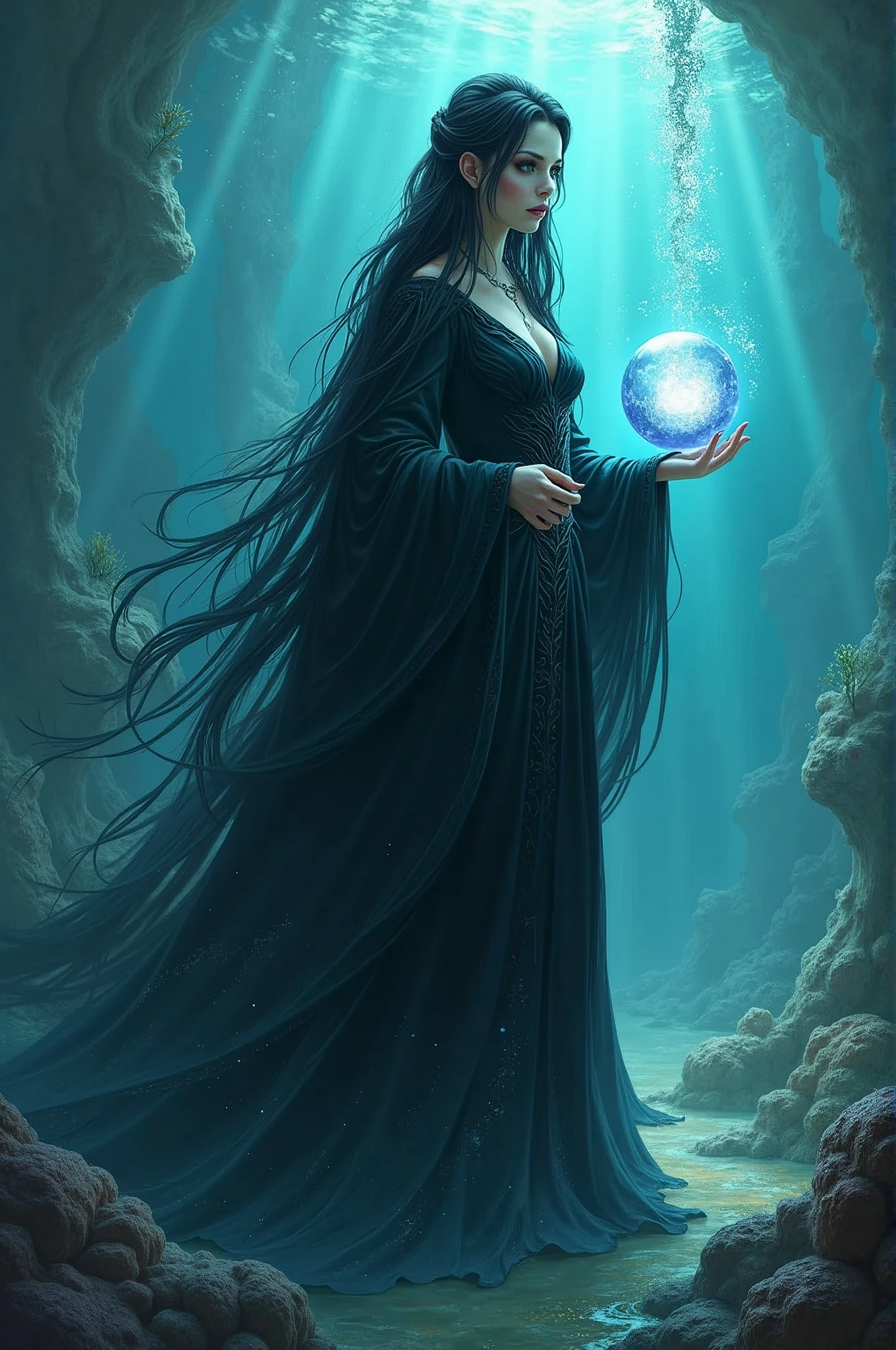 Black long hair，Ursula，Sea Witch，hold a crystal ball in the hand，Foam，seabed