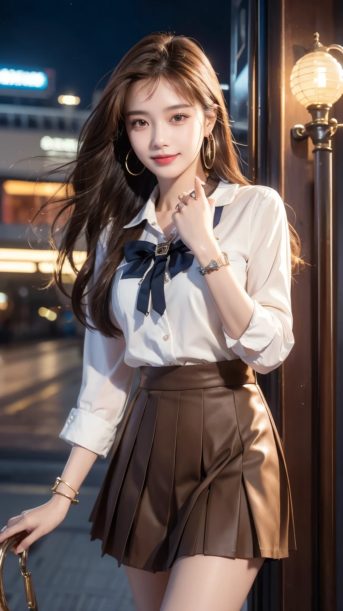 masterpiece,High Detail,8K resolution,Seven-point lens,Exquisite facial features,Perfect face,Cyberpunk,individual,woman,Smile,Long hair,Brown hair,Bob,Bracelet,Metal collar,Hoop Earrings,Earrings,school uniform,Pleated Skirt,night,Sea,TRAIN STATION,Level Lighting