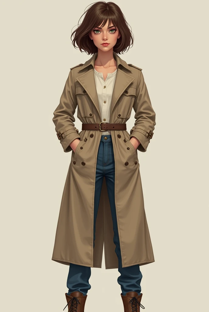 Woman 20 years Big with Brown Short hair in a beige Trenchcoat, Boots and Blue Jeans Hands on the Belt