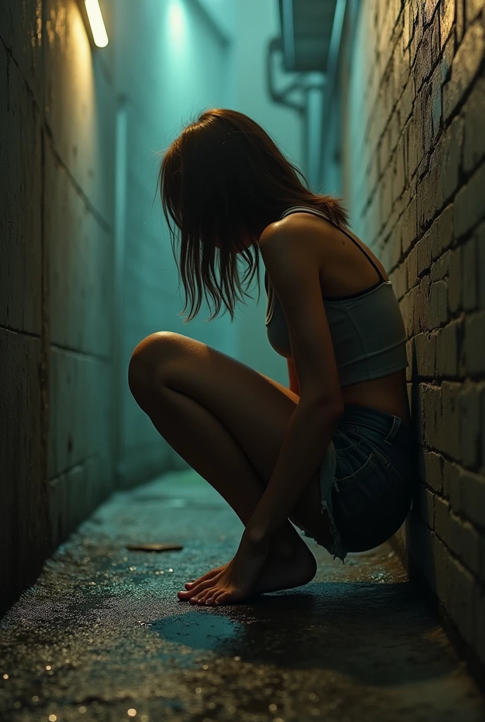 (A with her pants dropped down) (peeing, urgently) (Realistic) (peeing in a corner of an alleyway) (squatting down) (pee stains) ( pee dripping down her butt)