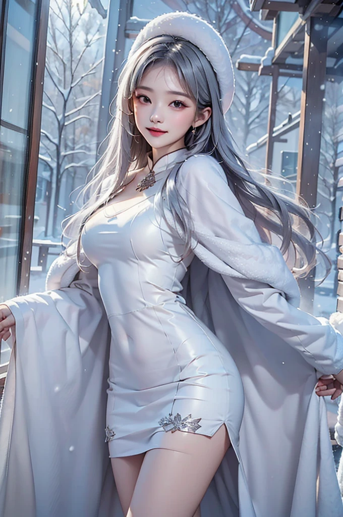 masterpiece、Highest quality、1 girl, winter, white hair, Cute girl, smile, close mouse, medium breasts, white dress, winter clothes, Fur coat、Small waist、Thin legs、outdoors, snow falling
