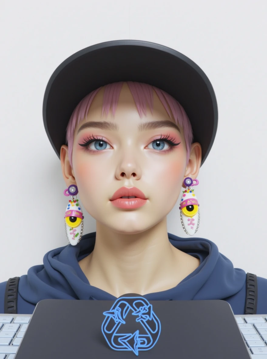 Mika Picazzo, 1 Girl, blue eyes, blue hoodie, computer, earrings, hood, hoodie, Jewelry, keyboard (computer), Logo, Logo parody, mouse (computer), Colorful eyes, Pink Hair, Recycle Bin, Solitary, White background, Yellow eyes, ,