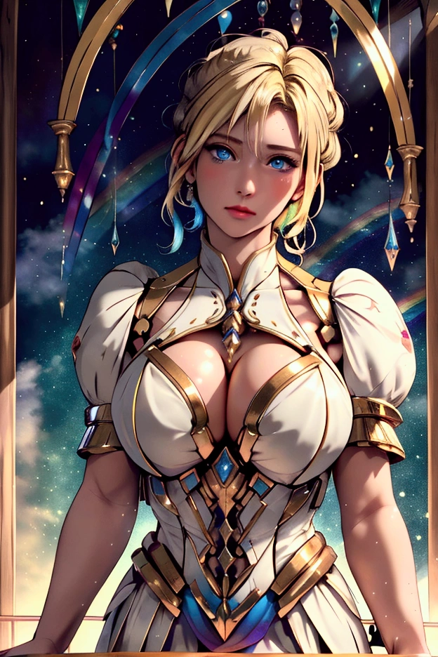 Beautiful blonde woman, The wax dress melts and drips off her body. (masterpiece: 1.2), (Highest quality), 4K, Very detailed, (Dynamic configuration: 1.4), Very detailed, Colorful details, (Rainbow colors: 1.2), (Bright lighting, Atmospheric lighting), dream-like, Magic, (alone: 1.2)  、Sexy proportions、Narrow waist、Long eyelashes、mature female body、Hair pulled up and tied back((hair pulled back))、blue eyes