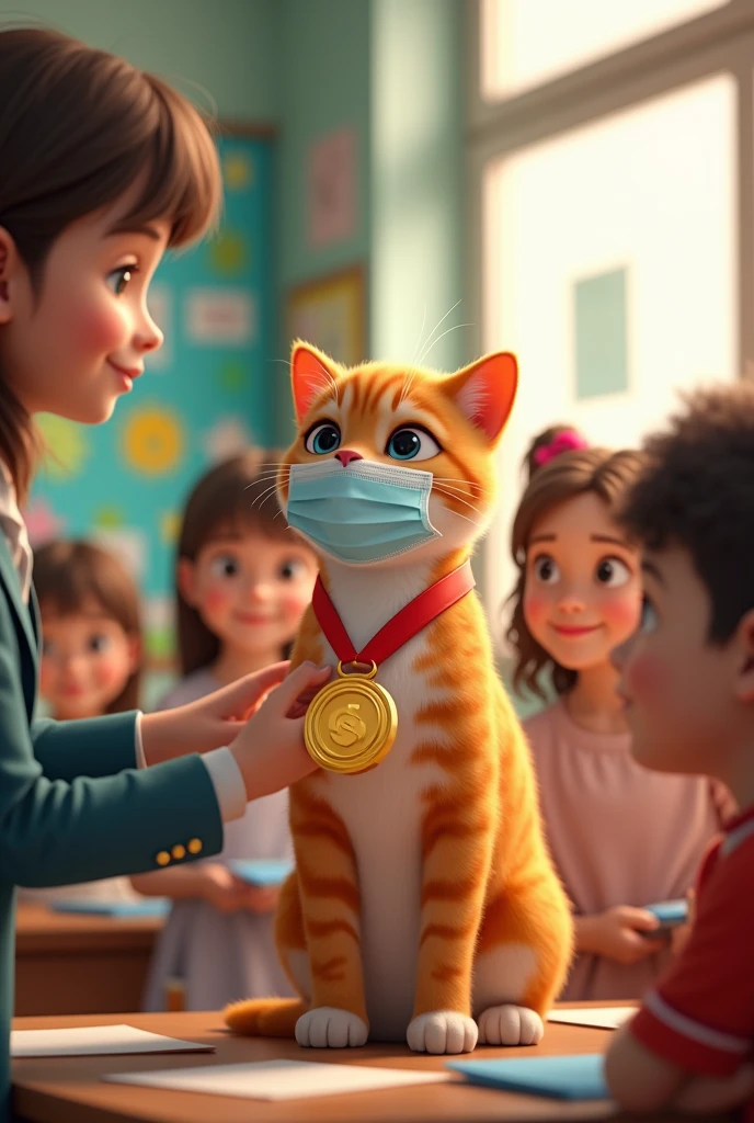 Teacher give gold medal to cat in class in front of student for taking good mask 