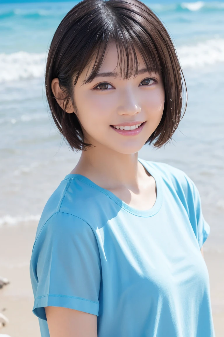 masterpiece, Highest quality, One Woman, (Yellow T-shirt:1.2), 22 years old、(RAW Photos, Highest quality), (reality, Realistic:1.4)、Clean look、Iris、very detailed eyes and face, Beautiful and detailed nose, beautiful eyes, Perfect Anatomy、Black short hair、Wet Hair、Crystal skin, A cool smile、Summer beach、Walking on the beach、