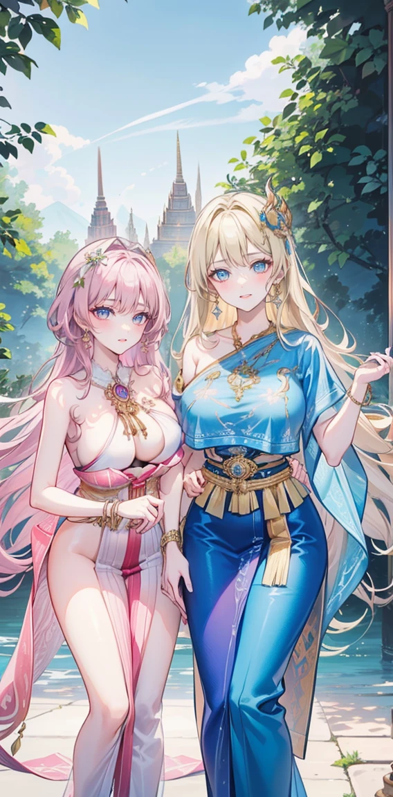 ((((2 young women ,beautiful woman)))),folk girl,long, blonde hair , blue eyes , braid ,(Purple Thai dress,Gold Jewelry,decorated with gold),กระโปรงไทยโบราณlong,holding a jasmine garland,countryside,countryside,beautiful scenery,Ancient sites of Ayutthaya,smile with teeth,forehead,forehead exposed,big ,rift, ,(2 young women ,beautiful woman),หน้าอกbig,Show your breasts,The cracks are clear.......,((หัวนมbig)),(pubic bone), rift, visible chest,seductive pose,I see bulging nipples.,(((areolae ขนาดbig:1.4,pink,The nipples are clearly visible..........))),(Separate outfit showing nipples:1.4), (semi-naked:1.8),(pussy,bare female genitals))(((Umbilical drive,dance,dance,Thai dance))),