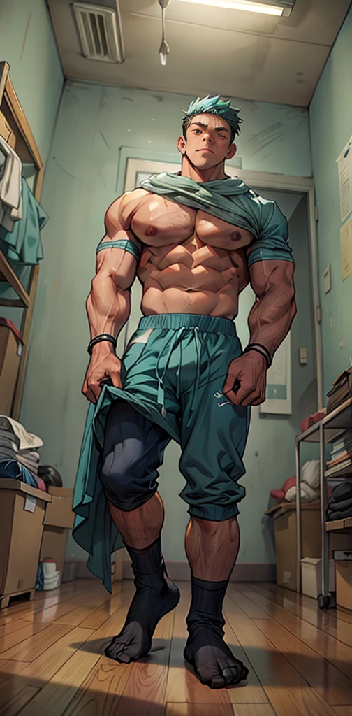 A male athlete,In a small room,Desaturated teal walls,No clothes on upper body,Wrists wrapped with cloth,He wears teal,Wearing gray-blue socks,Socks are torn,Socks showing toes,Rundown room,Dirty clothes piled on the floor in the room,Shot from below ,whole body ,He is shy,Blushed,Standing helplessly,Hand drooping,Knee slightly bent,,He is muscular,Very high,My head almost hit the roof,Lift up your trouser legs,Broad shoulders, huge, Muscular pectorals, strong, huge, 肌肉发达的身体和huge, Raised pectoral muscles, Muscle Abs, Willow Waist,Dissemination,