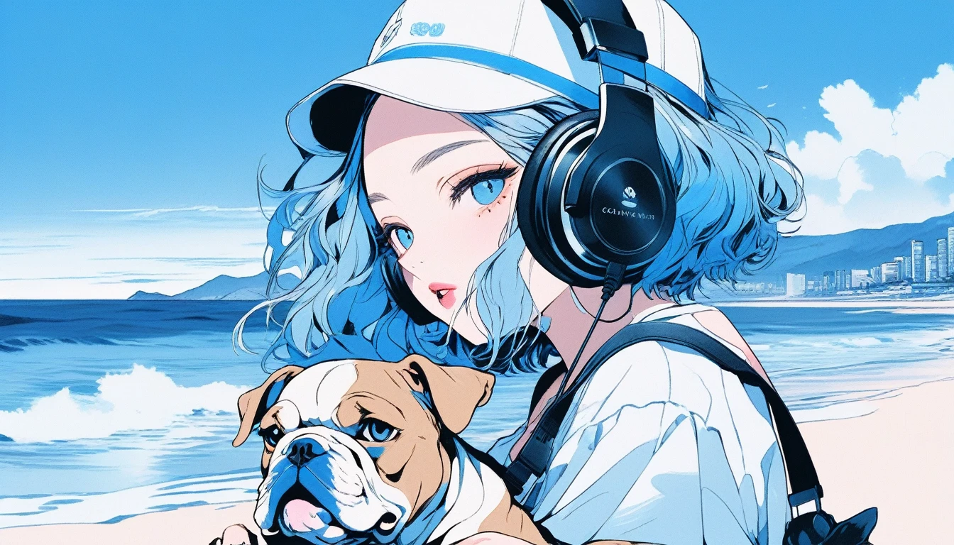 Illustrator, anime , Realistic ,sketch , An adult woman holding a cute bulldog puppy wearing headphones, lip, nail、T-shirt,order,Textured Trim, (masterpiece,Highest quality) Blue background, Neon Hair,Textured Trim, Canadian, (masterpiece,Highest quality) Cancer,Summer landscape、Seaside、Blue sky、white waves、Vision、Resort、Dark Eyes、