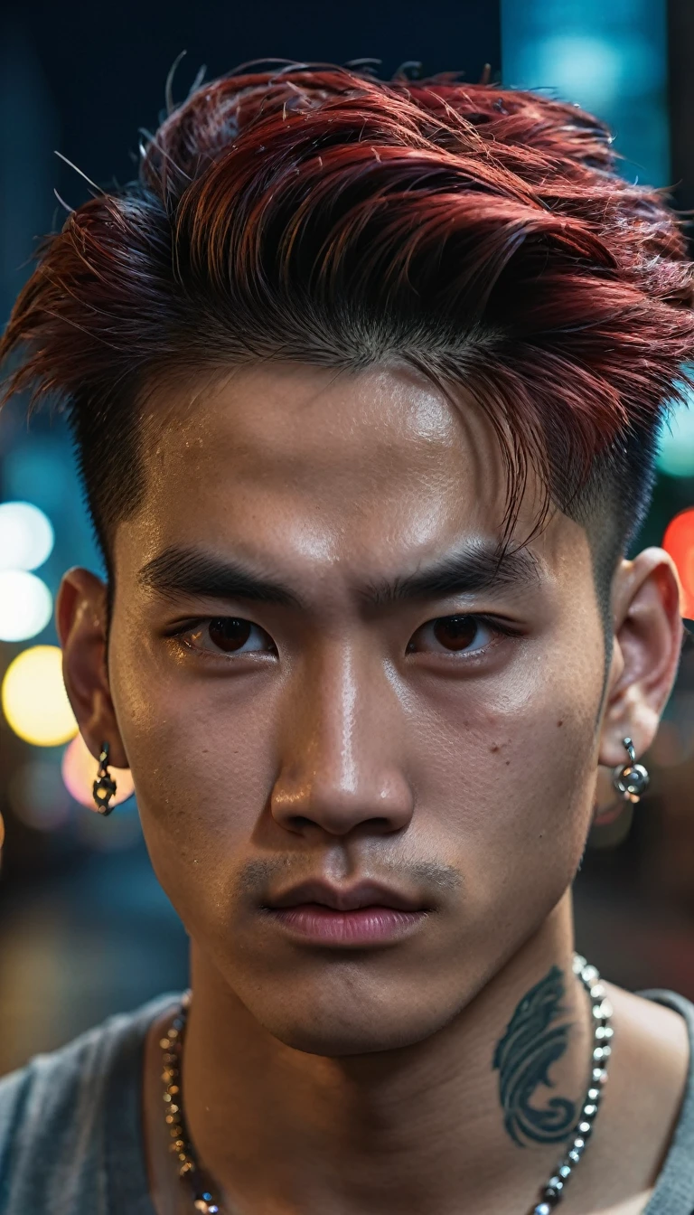 ((Face close-up)), a man, extremely handsome, , muscular, tattooed, wearing a necklace, hair tied up, street scene, gangster style, romantic, Hong Kong cinema. Their eyes are filled with sadness and longing. Full moon light background. Cinematic light, high detail, 8k, artstation, conceptual art, dark fantasy. Photo taken with Canon EOS R5 85mm f/11 camera, ((sharp)) mode of people and surrounding scenery. Image quality ((8K)), ((realistic)), ((masterpiece)), ((sharpest and highest contrast)), ((great depth of field)), ((stereoscopic light)), ((angry, fierce)), detailed pores, ((looking straight at the camera)), (((red hair)))