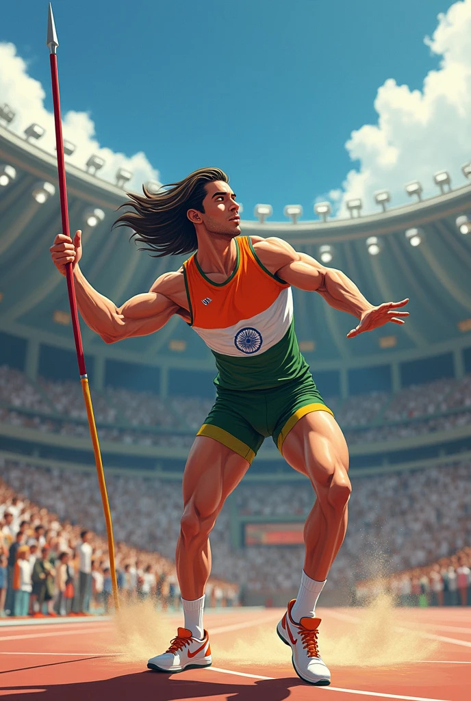 A beautiful man anime throwing javelin with wearing indian tricolor, celebrating with silver medal in Paris Olympics,too many people sitting in ground 