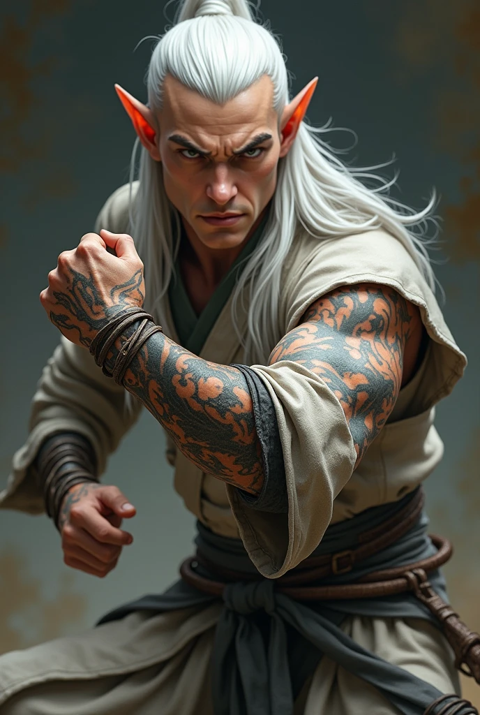 Elf man with white hair ,shaved face, monk in a fighting stance, fantasy style, realistic image ,dragon tattoos on arms, fit,Monk's clothes