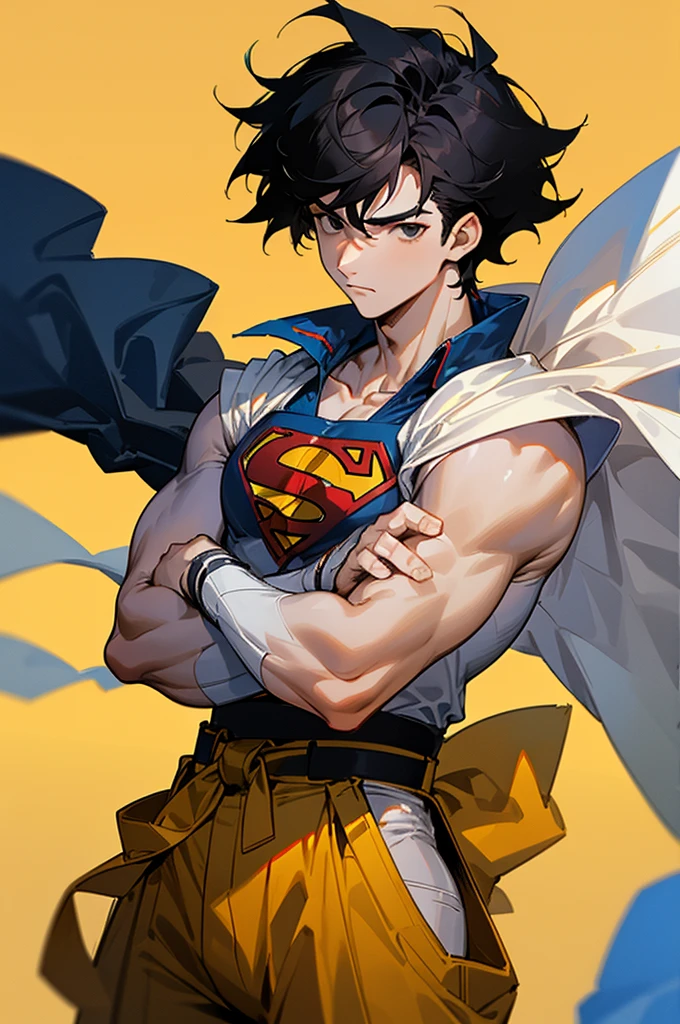 1male , Low Cut Hair , Messy Hair , Black Hair , Black Eyes , Lean , male , White Body Suit , Serious Expression , Modern City Background , Baggy Pants , Sash belt , Yellow S symbol on chest, street level background, cowboy shot, upper body, superman shirt, white cape, arms crossed,