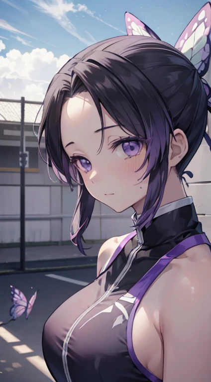 demon slayer,_kochou shinobu,volley uniform , , (volley ball), Volleyball court, (Sweat), Top view, whole body, shy, Ultra-realistic 8K CG,masterpiece,, ((Highly detailed background,Delicate pattern,Intricate details, Fine and beautiful eyes)),The best quality in the best condition,とてもとてもとても詳細なface, Highly detailed eyesとface,Highly detailed eyes,kochou shinobu,Multicolored Hair,No bangs,Hair Intake,, Purple eyes,,erfly,band,(熱band庭園:1.2),Purple Flower,mostly cloudy null,Tyndall effect,slope_null,face,beautiful null,,Seductive posture,(Medium chest:1.3), woman,15 y