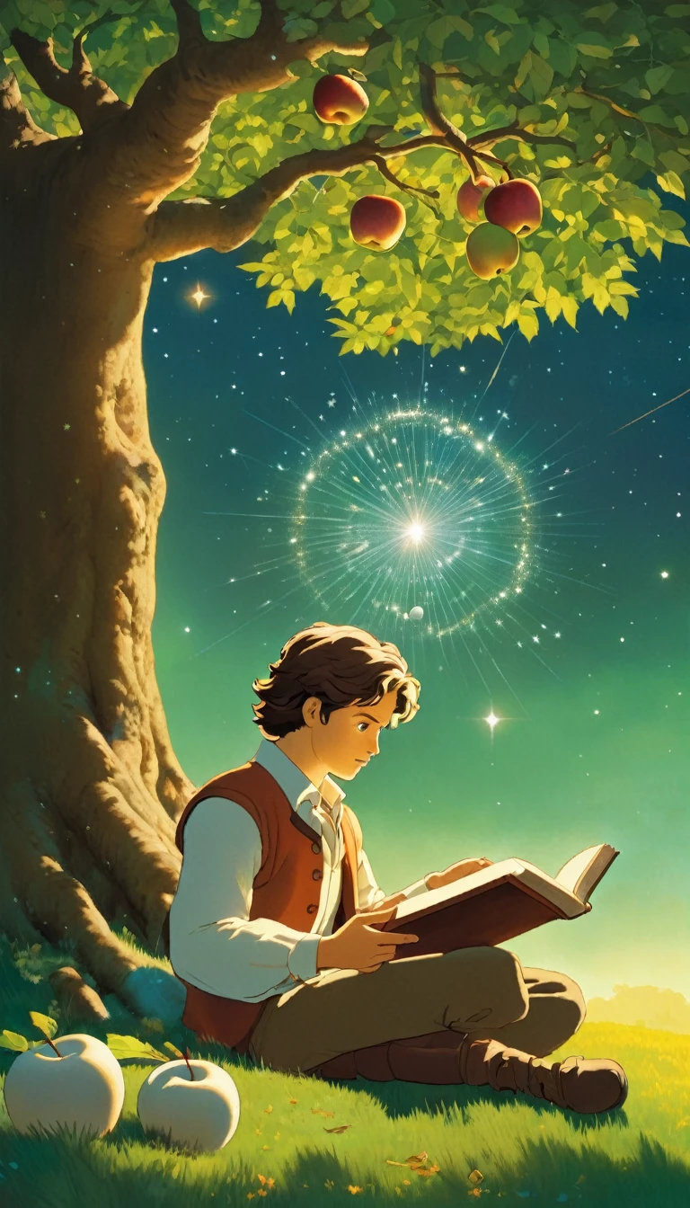 Create a high-resolution image in the style of Studio Ghibli, depicting young Isaac Newton sitting under a large, ancient apple tree. An apple is frozen in mid-air as it begins to fall from a branch beside him. The background should capture a serene English countryside with rolling green hills under a twilight sky transitioning from day to night. The sky is filled with constellations and swirling patterns of stars, subtly forming the equation for gravitation (F = G(m₁m₂/r²)). Newton holds an open book in his hands, deeply engrossed in its contents, with a small pile of three other books placed beside him on the grass, symbolizing his thirst for knowledge. The scene should have a magical ambiance, with soft, glowing light filtering through the leaves and a subtle radiance surrounding Newton, emphasizing his brilliance and the moment of inspiration. The light emanating from behind the apple should heighten the sense of wonder and discovery, drawing the viewer into the story of a great mind in the making.", Cena cinematográfica, visão do herói, pose de ação, cenário, fundo detalhado, obra de arte, melhor qualidade, alta qualidade, Intrincado, absurdos, Muito detalhado, resolução extremamente alta, 8K, vivid, colorida, Estúdio Ghibli 
