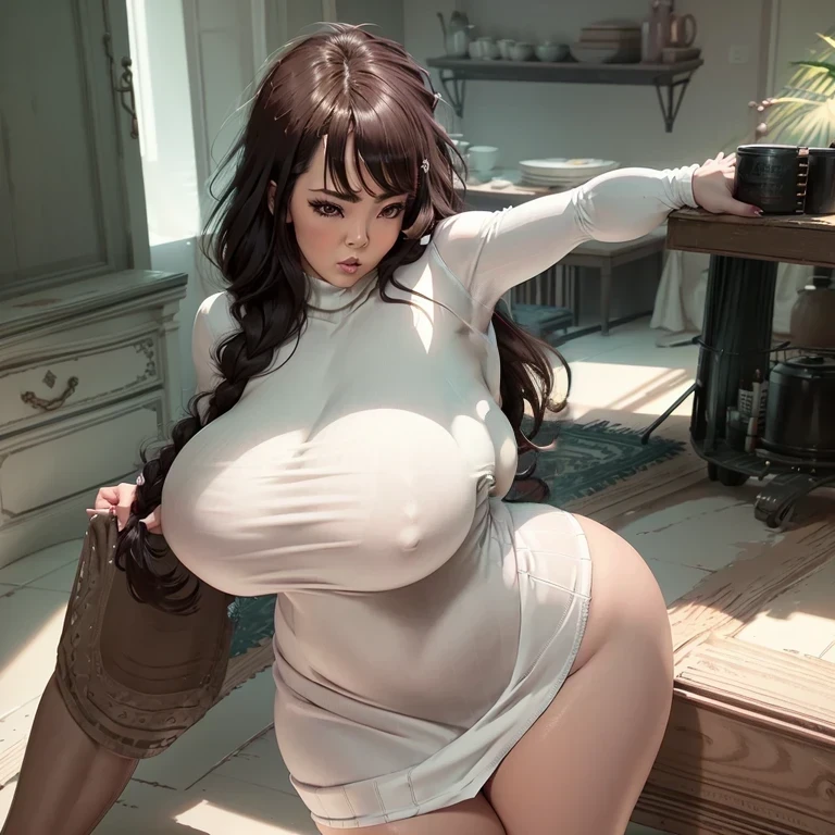 mature woman with big breasts, sexy pose,(huge breasts:1.5) split, white skin tone,lean forward,macromastia,seductive,long black hair, braided,mole on neck,mother,saggy(high_aesthetic:1.2), (Plump, giant_hips:1.2), (thick thighs, large hips:1.2), (huge hyper ass:0.8), beautiful fat woman, sticking out like crazy, woman beautiful Plump, ((tight white tight dress, neckline shimmers)), ((Big breasts:1)), (The nipples are visible), covered chest, split, (covered chest), (indoor clothing), masterpiece, voluptuous, Plump, fat body, large hips, huge breasts, bright skin, (bright skin, sagging breasts, Clothes with cleavage:0.3), (monstrous breasts:1.2)
