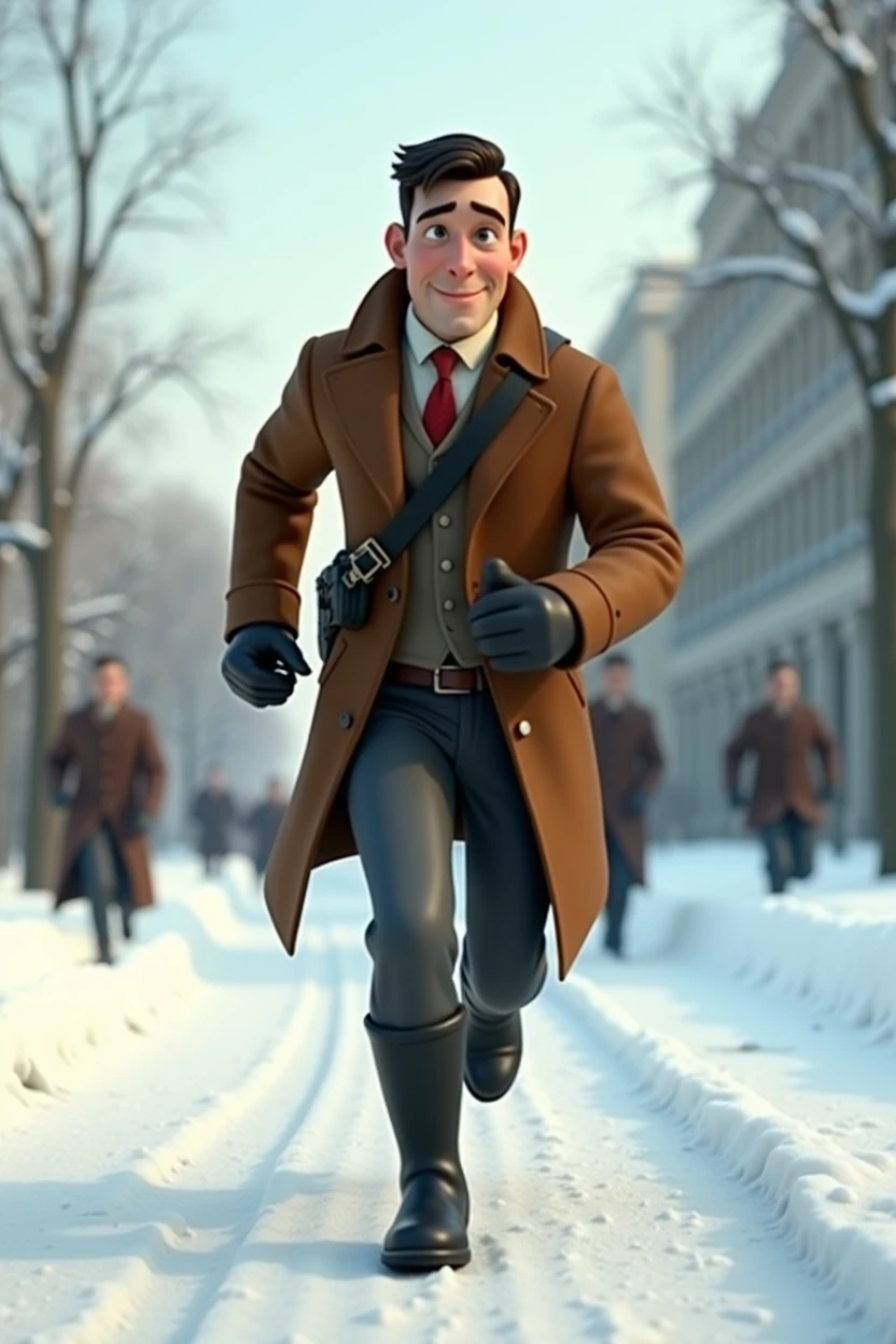 Pixar style, animation, 3d, journalist, 1900s, Russia, snow background, journey, camera, 30s age, adventure, running, full body, as a movie poster, black boots, vintage, disney style, face expression running,
