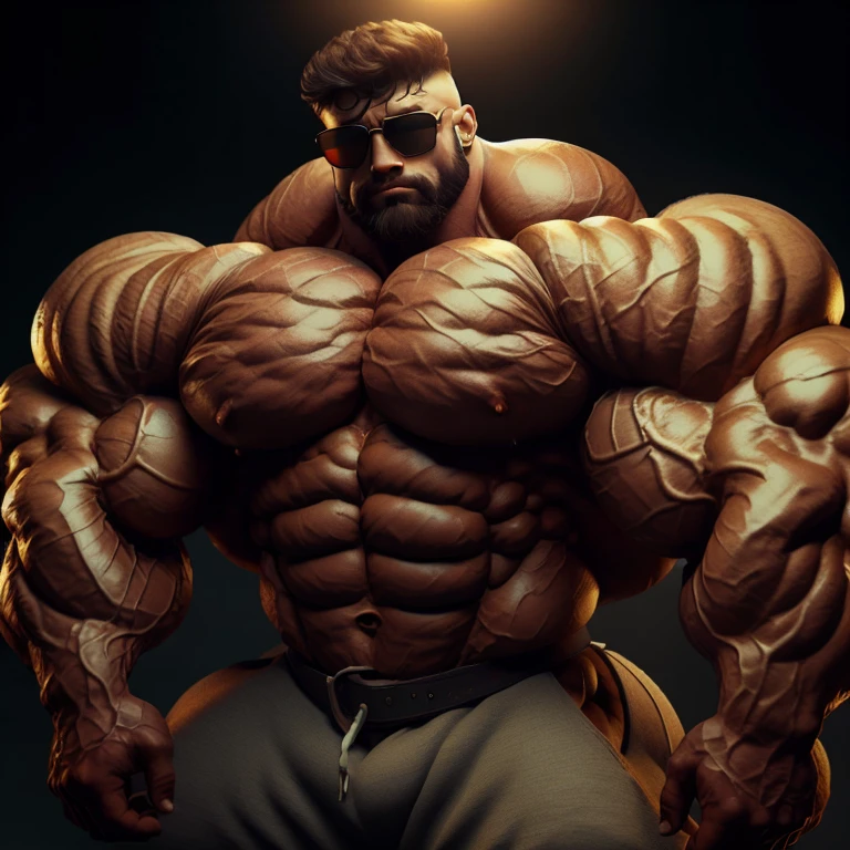 BrutalMass, muscular male, bodybuilder, a very handsome man, sunglasses, shirtless, exaggeratedly muscular, exaggeratedly huge muscles, on a black background