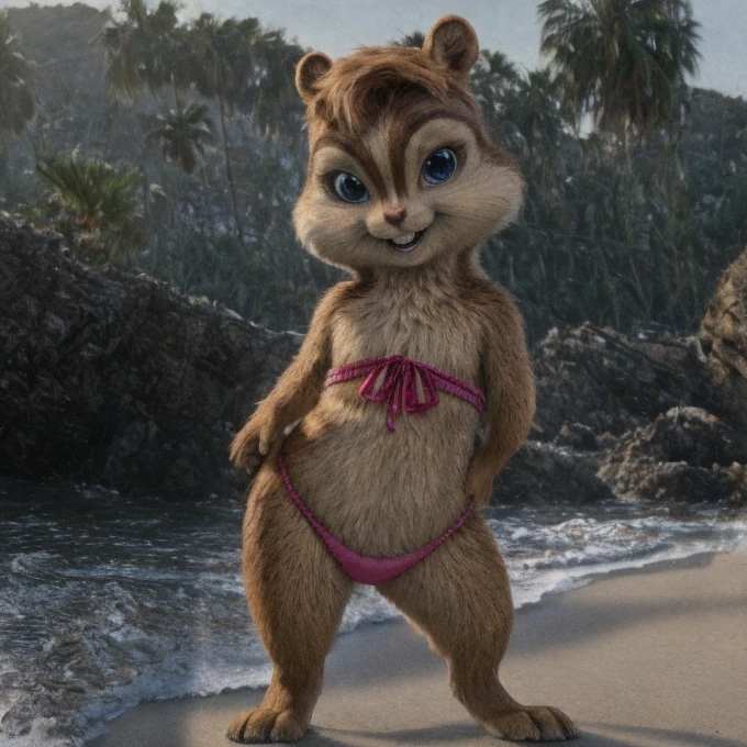 Brittany_Miller, solo, chipmunk, furry, cub, (slightly chubby:0.5), cute, (small ears), (short snout), pigtails, wearing pink bikini , looking at viewer, beach, masterpiece, detailed background, Digitigrade, Detailed fur, perfect teeth, No pantis, subtile smile,