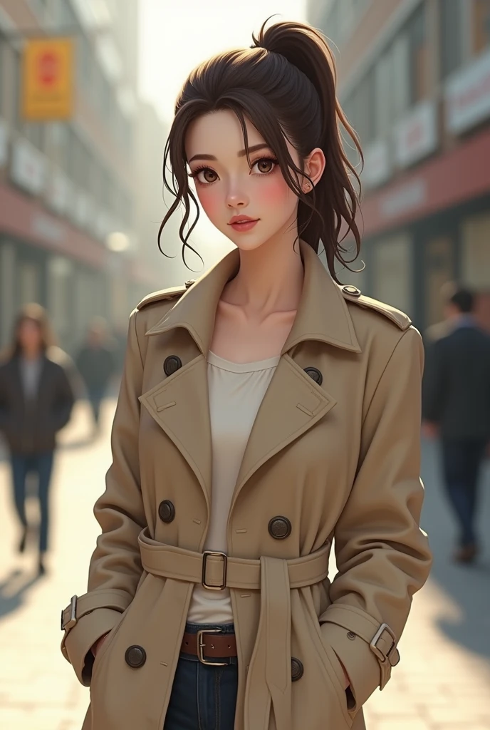 Woman 20 years Big with a ponytail hair  in a beige Trenchcoat Hands on the Belt