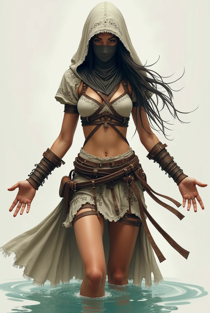 Beautiful girl wearing a hood that covers her head and a mask that conceals her lower face. She has a short sleeve cropped top with intricate designs, exposing parts of her midriff and arms, with straps holding it together. Her outfit includes a short, detailed skirt with layered sashes or panels, featuring intricate patterns. Around her waist, multiple belts and straps hold pouches and possibly weapons. Her legs are wrapped in sandals with straps extending up her calves. Her lower body is partially submerged in water and her hands raised, adding a mystical or stealthy element to her stance.