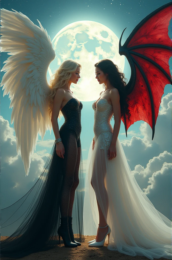 (highest quality, masterpiece, High resolution), 16K, fantasy art, RPG art a ((facial picture: 1.5)) of (((2 women))), BREAK a (1female angel: 1.3) , wearing intricate dress glam dress, (black dress: 1.3) pale skin, best details beautiful face , (blond: 1.2) hair, long hair wavy hair (blue: 1.1) eyes, high heeled boots, large angelic wings, (white: 1.2) angelic wings spread BREAK ((AND)) a (1female demon: 1.3), (red: 1.4) skin, demonic wings, (black: 1.1) demonic wings spread, demonic horns, (red: 1.1) skin, black hair, red eyes, best details beautiful face, wearing a intricate dress glam dress, (white dress: 1.3), high heels, in the border between heaven and hell, moon, stars, clouds, god rays, soft natural light silhouette, dynamic angle, photorealism, panoramic view (Masterpiece 1.3, intense details) , Wide-Angle, Ultra-Wide