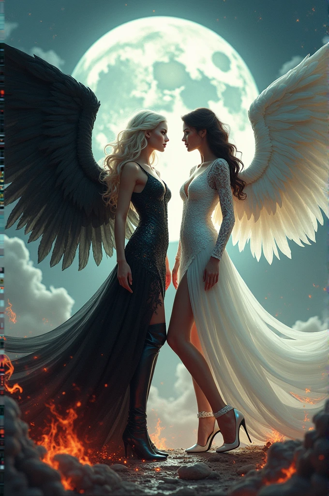 (highest quality, masterpiece, High resolution), 16K, fantasy art, RPG art a ((facial picture: 1.5)) of (((2 women))), BREAK a (1female angel: 1.3) , wearing intricate dress glam dress, (black dress: 1.3) pale skin, best details beautiful face , (blond: 1.2) hair, long hair wavy hair (blue: 1.1) eyes, high heeled boots, large angelic wings, (white: 1.2) angelic wings spread BREAK ((AND)) a (1female demon: 1.3), (red: 1.4) skin, demonic wings, (black: 1.1) demonic wings spread, demonic horns, (red: 1.1) skin, black hair, red eyes, best details beautiful face, wearing a intricate dress glam dress, (white dress: 1.3), high heels, in the border between heaven and hell, moon, stars, clouds, god rays, soft natural light silhouette, dynamic angle, photorealism, panoramic view (Masterpiece 1.3, intense details) , Wide-Angle, Ultra-Wide