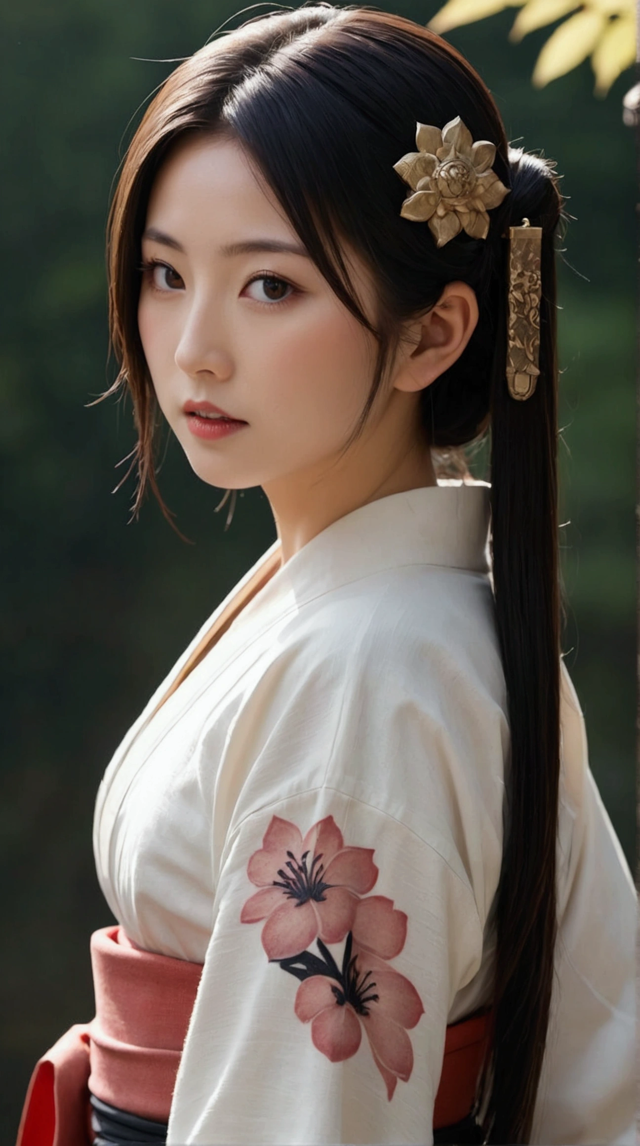 (Japanese sword &reference;Muramasa 2&reference;.2)Beautiful 27 year old woman、Japanese women、Tie your hair back、Hair ornament artist、Shinobi Costume、Warrior、Clear Eyes、{Arm tattoo(SakuraFubuki}&#39;Tattoo on the back、Warrior、(Japanese swordを両手で構える、1.3)(Japanese sword1.2)Intermediate position、whole body、A long-edged sword、Realistic battle scenes、敵Warriorの返りBlood、Blood、High resolution、Highest quality、Very detailed、8k、background、The castle is burning、Sparks fly、