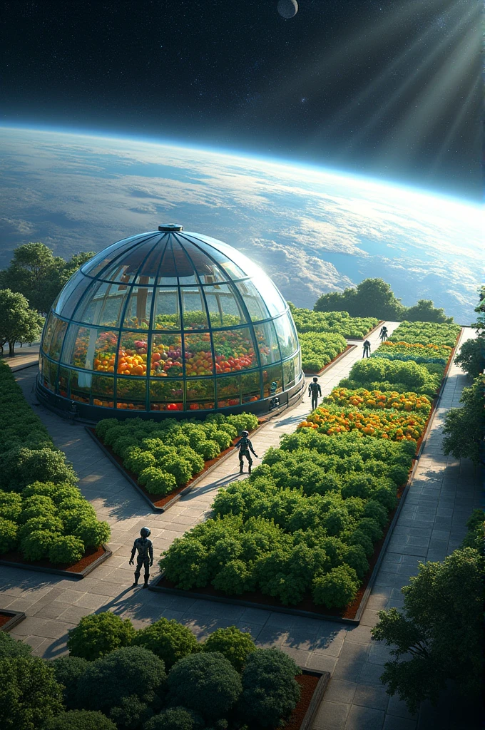 A space farm floating in space around Earth on a large spaceship with several large glass domes. Inside, various types of vegetables and fruits are growing. These domes have light from the sun shining through the glass. and has an automatic watering and climate control system Robots working around Domes in plant care, such as harvesting and replanting Behind it, there is the surface of the earth and the stars shining in the background. It portends the future of modern, state-of-the-art space agriculture.