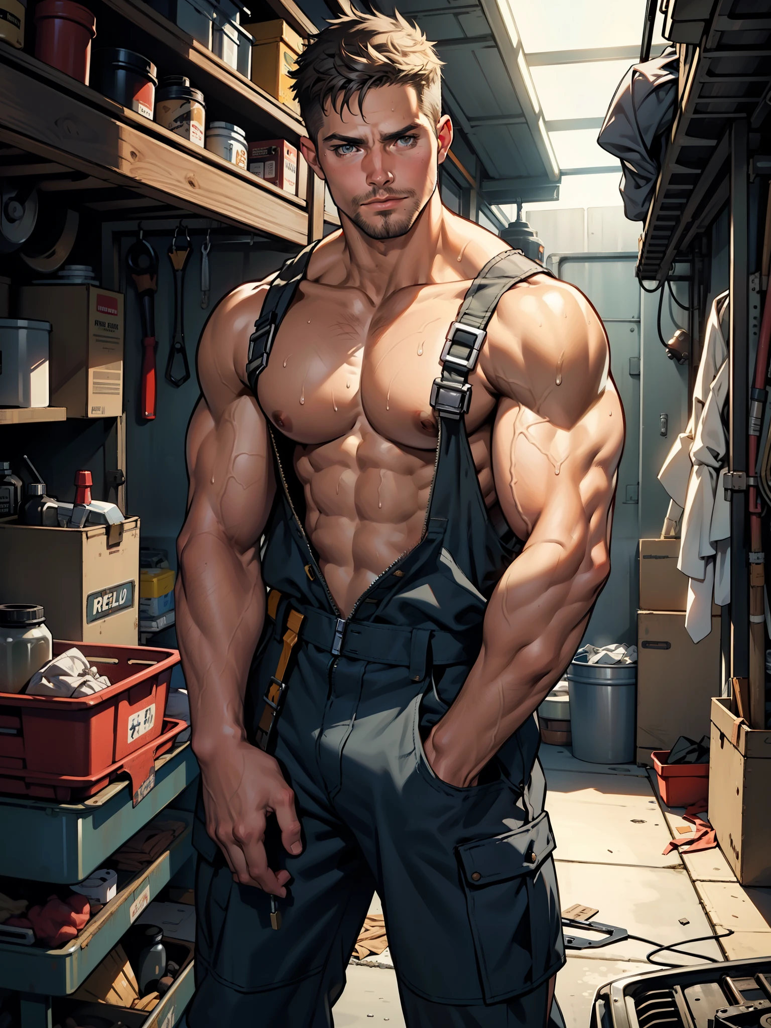 NSFW ,masterpiece , 8k , best quality ,very  very detailed face , natural eyes, 1man, young man, boy, muscled and mature, stephen amell as a mechanic wearing totally unbuttoned overall, showing COCK , his nipples and muscles , mechanic tools , sweating, tight cloth, , full body view , working  on a car