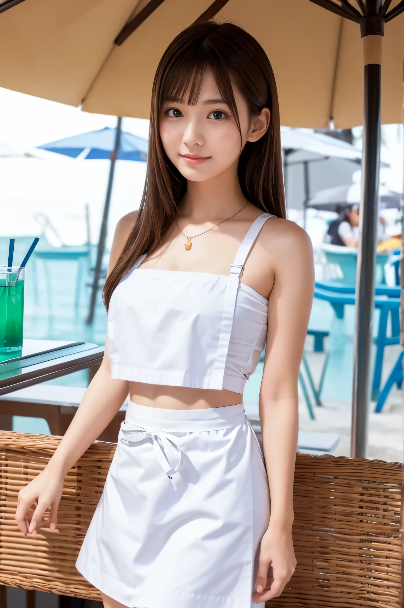 A girl (20 years old, Japanese cute face) are wearing white apron, mini skirt at the beach bar