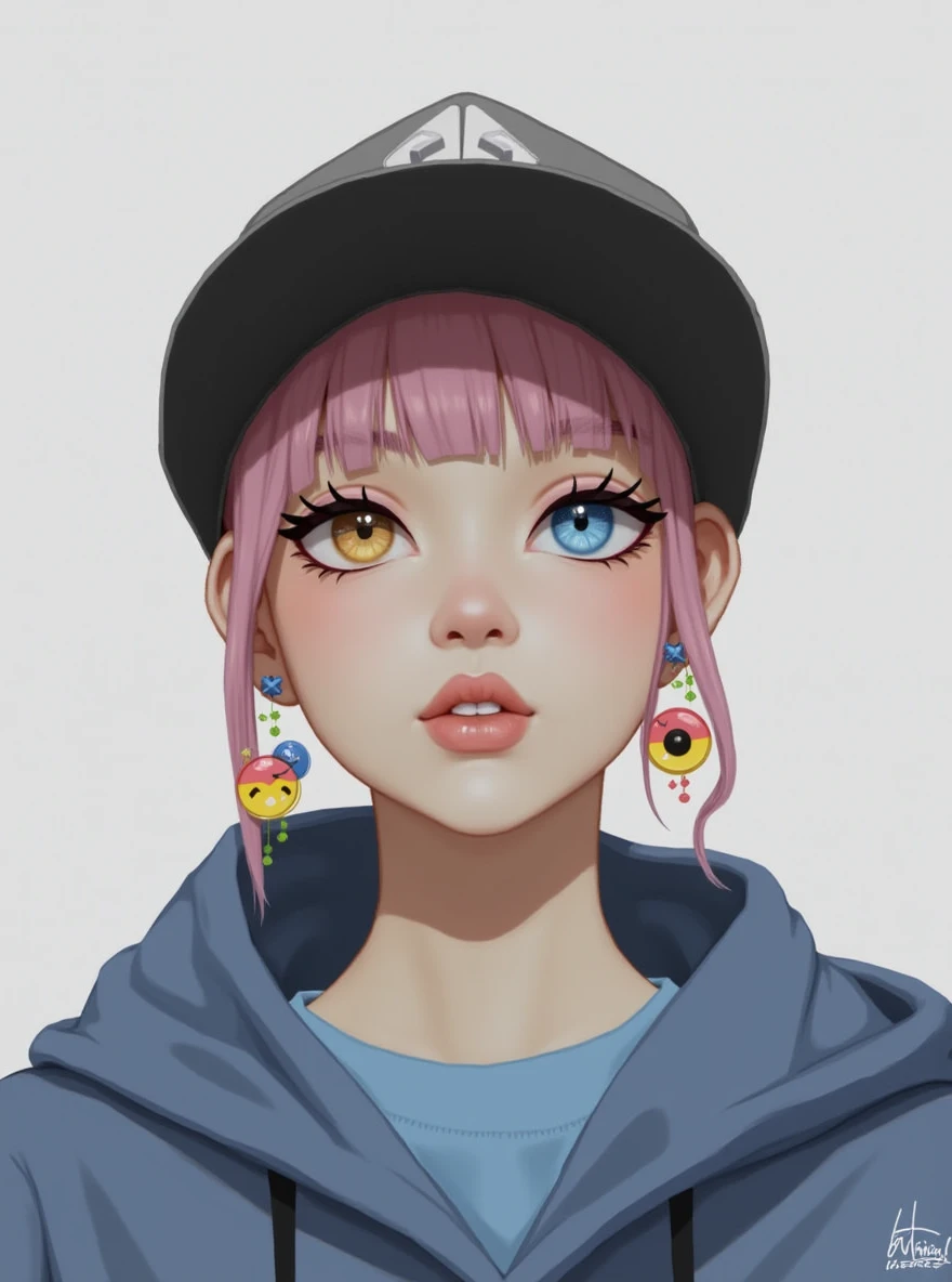Mika Picazzo, 1 Girl, blue eyes, blue hoodie, computer, earrings, hood, hoodie, Jewelry, keyboard (computer), Logo, Logo parody, mouse (computer), Colorful eyes, Pink Hair, Recycle Bin, Solitary, White background, Yellow eyes, , 