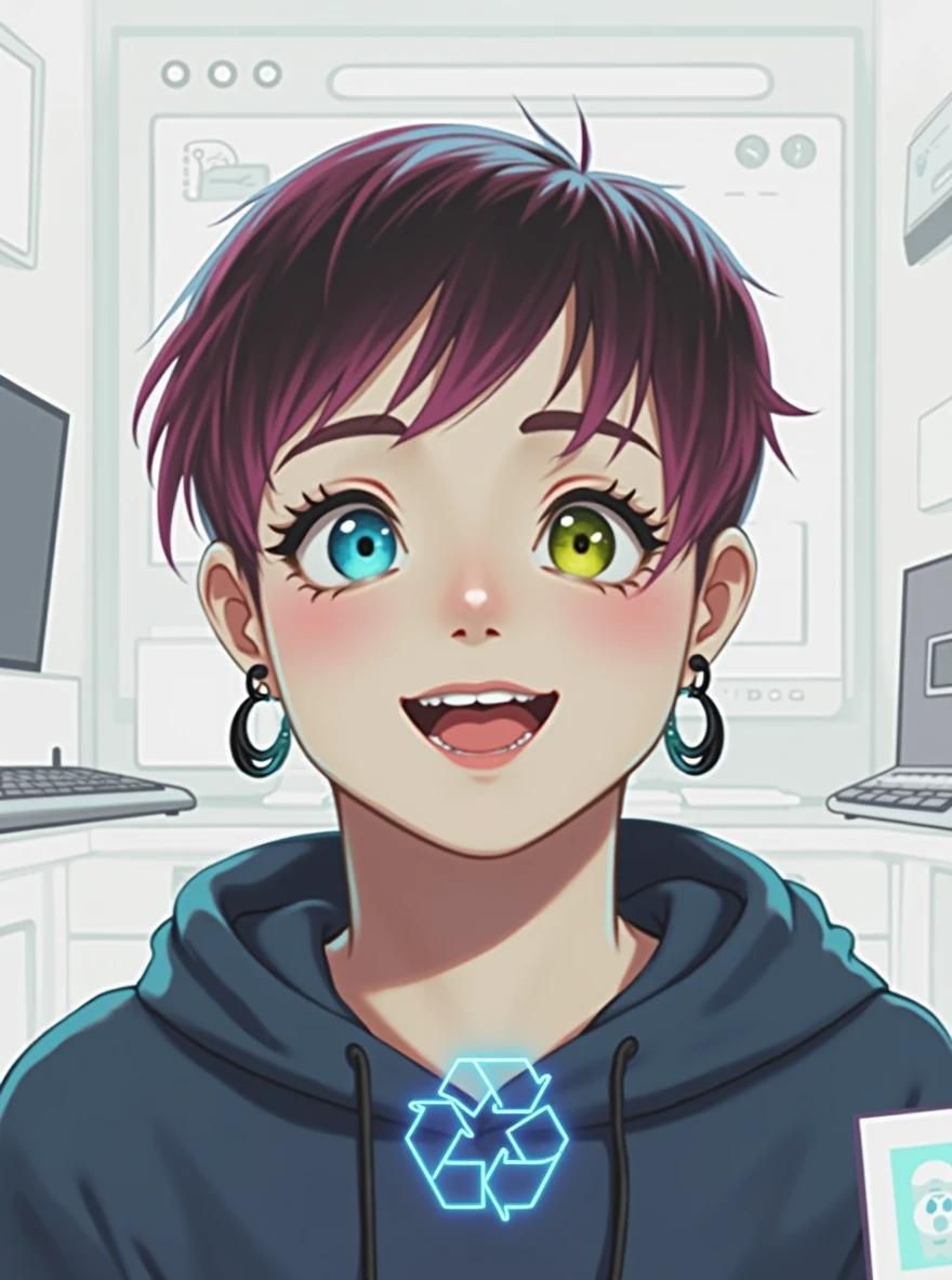 Mika Picazzo, 1 Girl, blue eyes, blue hoodie, computer, earrings, hood, hoodie, Jewelry, keyboard (computer), Logo, Logo parody, mouse (computer), Colorful eyes, Pink Hair, Recycle Bin, Solitary, White background, Yellow eyes, , 