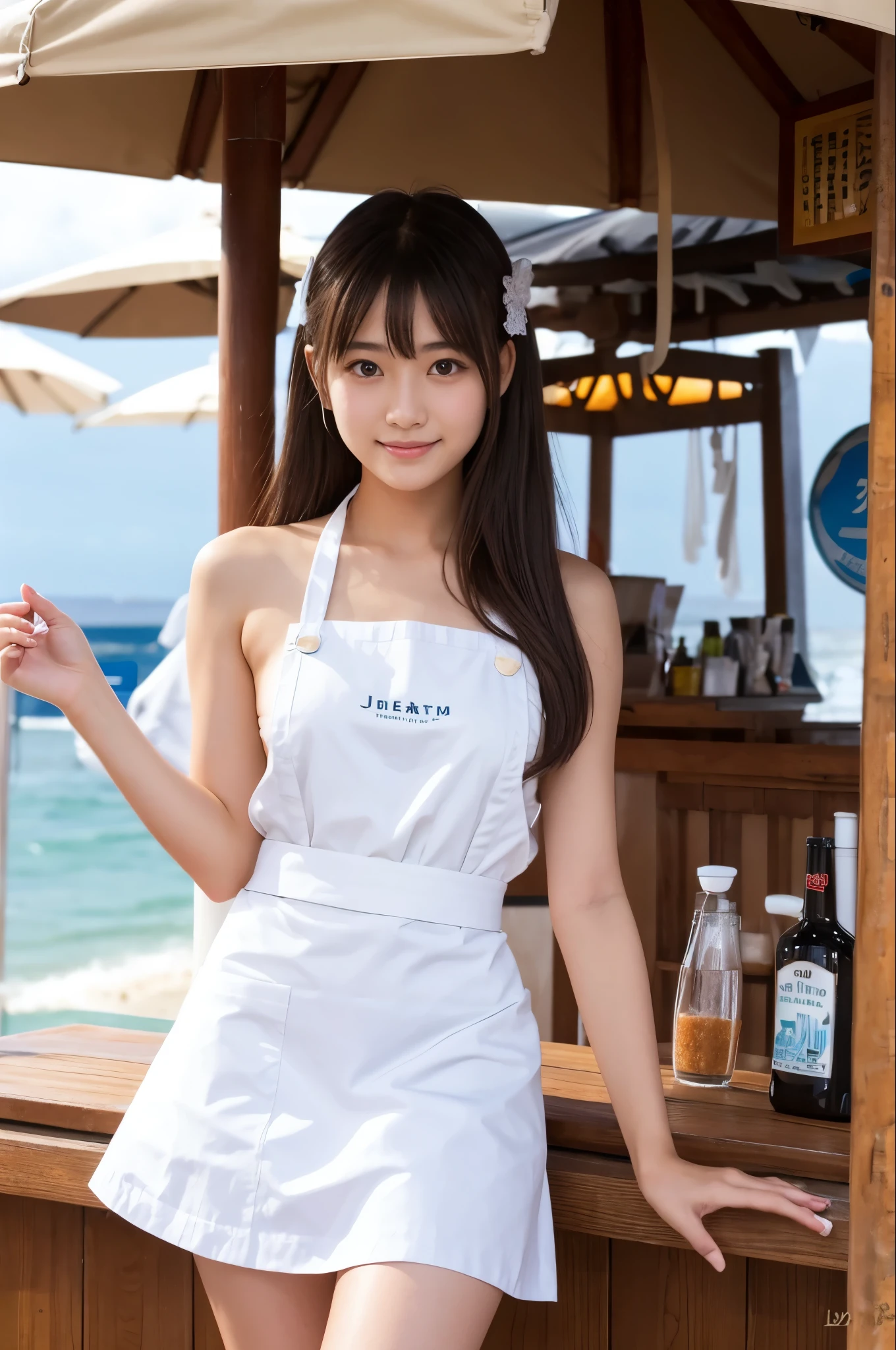 A girl (2, Japanese cute face) are wearing white apron, mini skirt at the beach bar