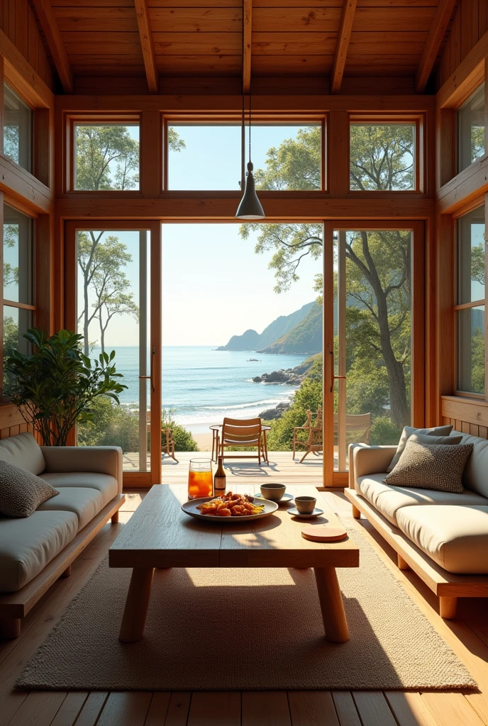 Big Wood  living room  , wooden house 
Connecting with dinning room 
Some drink and food on the dinning  table 
Beach view 