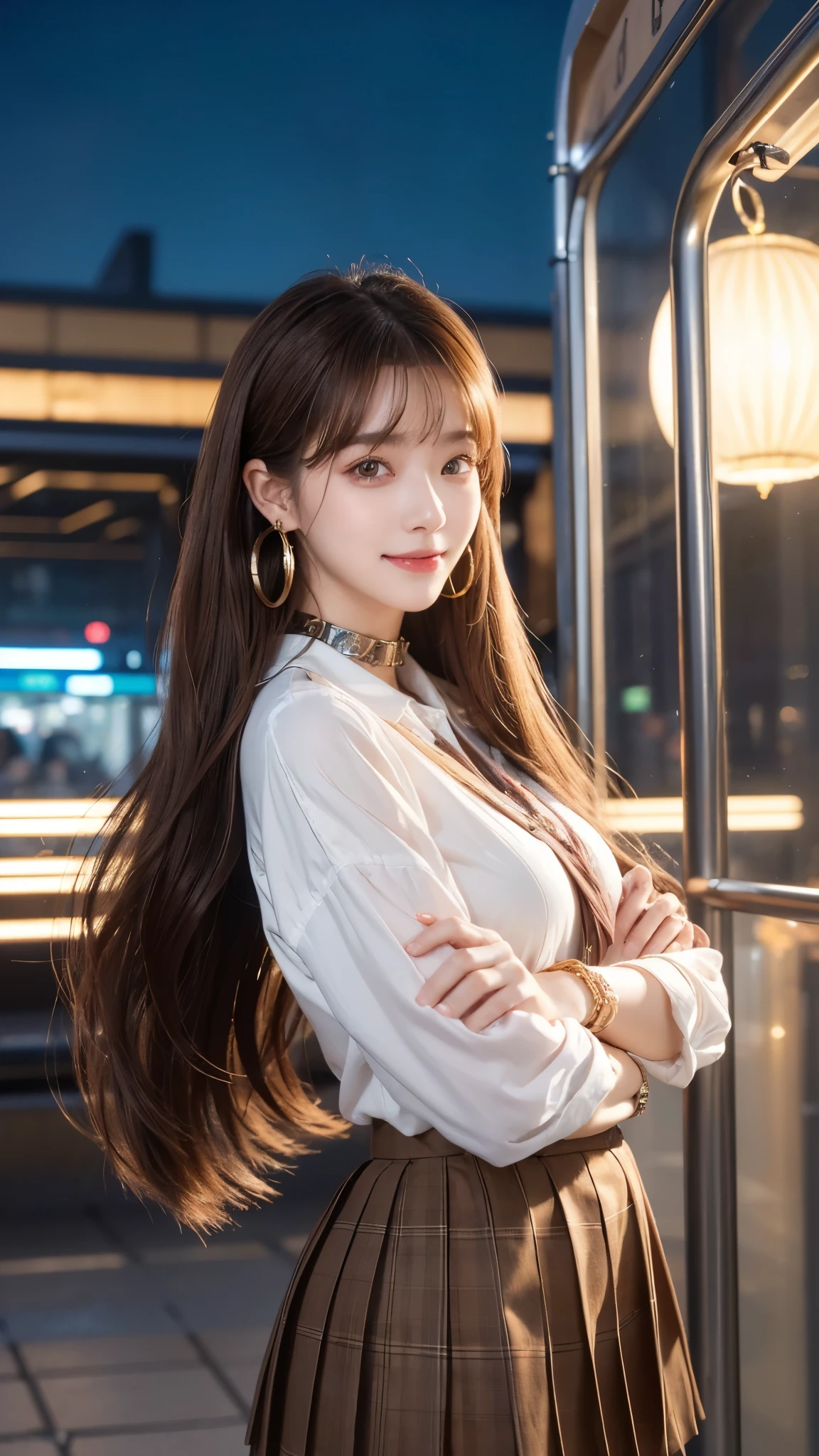 masterpiece,High Detail,8K resolution,Seven-point lens,Exquisite facial features,Perfect face,Cyberpunk,individual,woman,Smile,Long hair,Brown hair,Bob,Bracelet,Metal collar,Hoop Earrings,Earrings,school uniform,Pleated Skirt,night,Sea,TRAIN STATION,Level Lighting