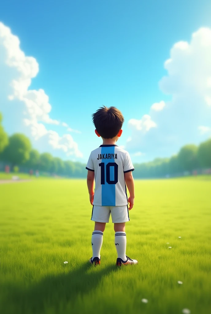 । A boy is standing in an open field. He is wearing an Argentine t-shirt. His t-shirt says 10 and his name is Jakariya