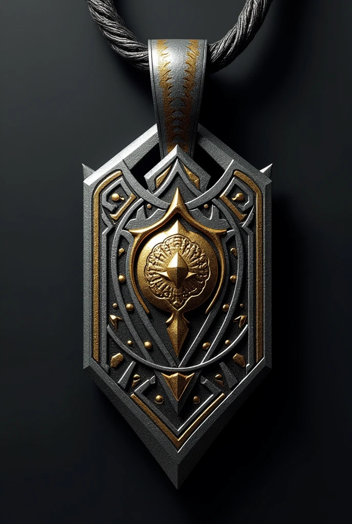 Custom pendant for men, featuring a combination of sharp geometric shapes and intricate abstract patterns, crafted in dark brushed silver with gold accents, incorporating a central stylized symbol inspired by ancient runes, with a modern, masculine aesthetic, elegant yet bold, suitable for high-end jewelry.