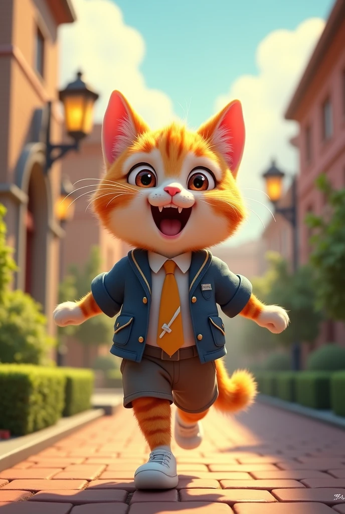 Student cat is so happy and going towards home in school uniform happily