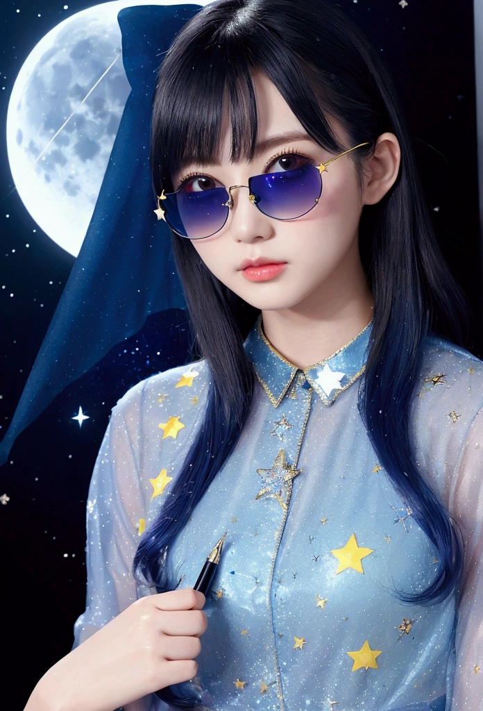 model wearing vitreous sunglasses with star and moon in the glass, in the style of dark sky-blue and light yellow, minimalist pen lines, fairy kei, use of precious materials, vibrant and lively hues, captivating, glitter 