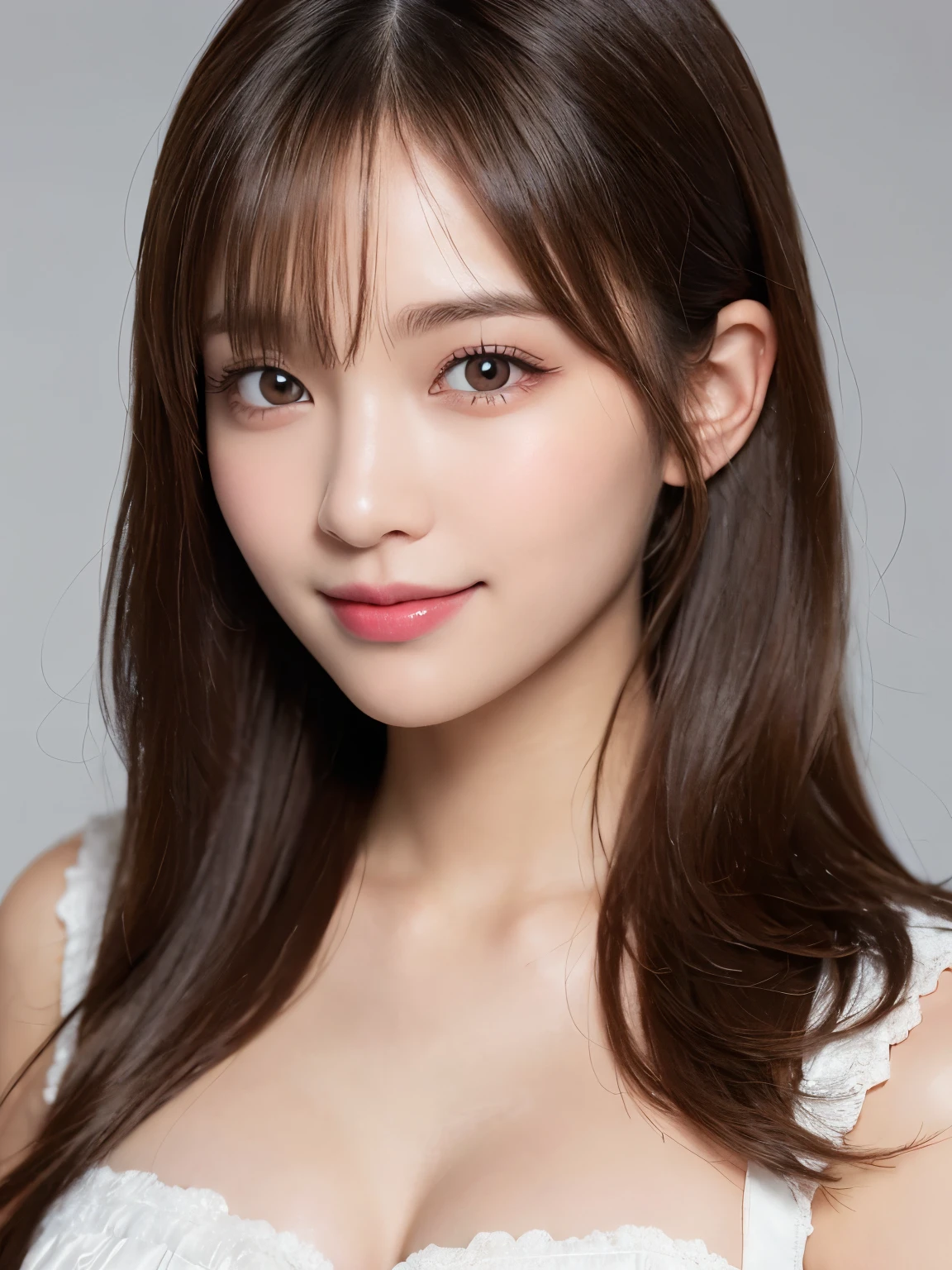 white background, half body portrait, bust shot, looks happy, smile, one girl, (a beauty girl, delicate girl:1.3), (20 years old:1.3), break, (halloween maid costume), break, very fine eyes, (symmetrical eyes:1.3), break, C cup breasts, brown eyes, parted bangs, brown hair, (smile), break, (eyes and faces with detailed:1.0), break, (masterpiece, best quality, ultra detailed, detailed face, 8k)