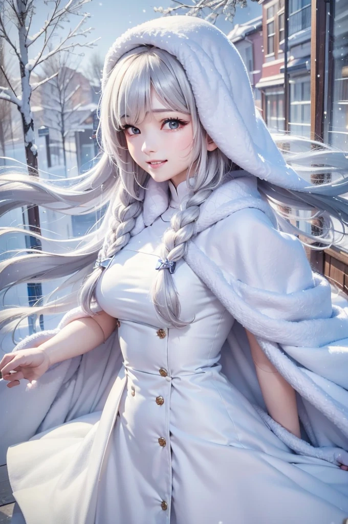 masterpiece、Highest quality、1 girl, winter, white hair, Cute girl, smile, close mouse, medium breasts, white dress, winter clothes, Fur coat、Small waist、Thin legs、outdoors, snow falling