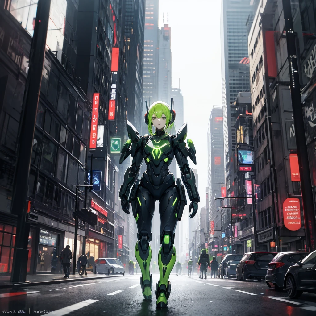 Anime girl in green clothes walking down the street with a gun and a lightsaber, Girl wearing mecha cyber armor, Cyberpunk Anime Girl Mecha, Perfect android girl, Android Heroine, Female Mecha, biblical Female Android, Mechanized Soldier Girl, beautiful Female Android!, Cyber Suit, Cyberpunk Anime Girl, broken beautiful Female Android!, Female Android, Wearing sci-fi military armor、Decayed City