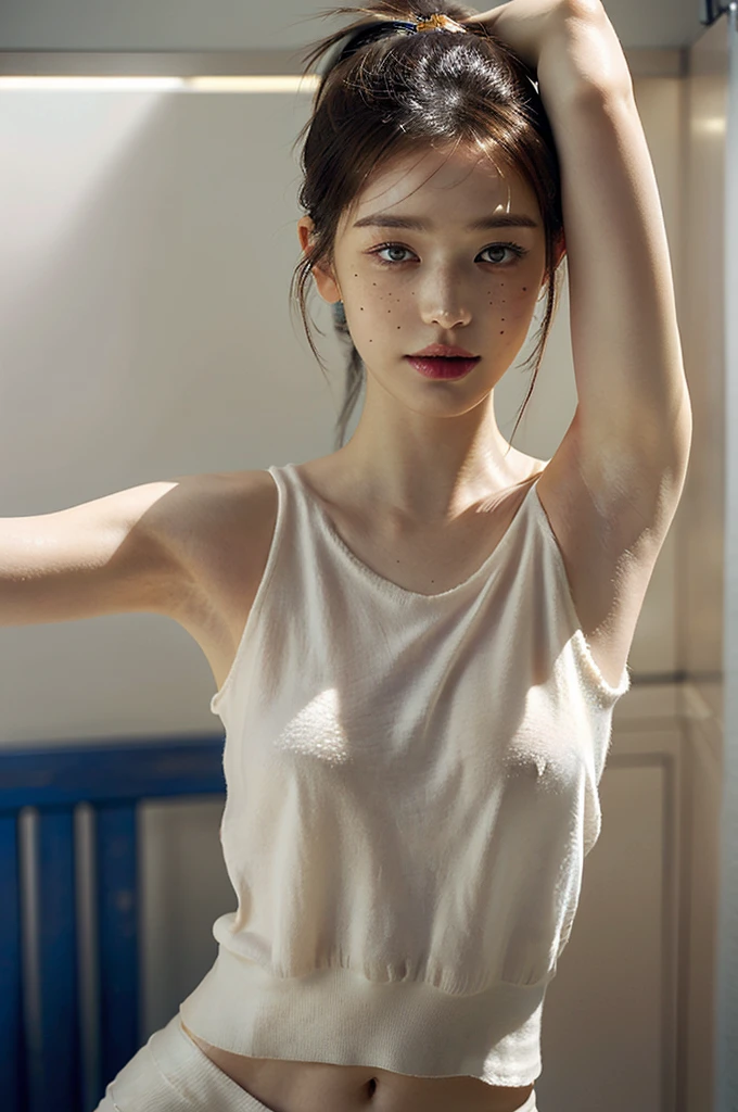 ((Show underarms、Armpit、Bright armpits、Oiled shiny armpits:1.10 tecateca armpits:1.10、Detailed wrinkles in the armpits:1.6、Wrinkles under the armpits:1.6、Sweaty face、Show me your armpits、A hyper-realistic、Armpit、Shine a light in the armpits:1.8、Detailed armpit wrinkles、Detailed armpit pores、Realistic armpit skin、Shine a light in the armpits、Bright armpits)), (illustratio、Sleeveless sweater), (hight resolution), (8k), (ighly detailed), (The best illustrations), (armpit pose、beatiful detailed eyes), (top-quality), (Ultra-detail), (masterpiece), (wall-paper), (Detailed face), girl、Freckles on the face、Show shiny wrinkled armpits,Brown hair,high-ponytail Hairstyle、Upper body only,Navel is visible、Girl in a dark blue sweater without sleeves, japanes,