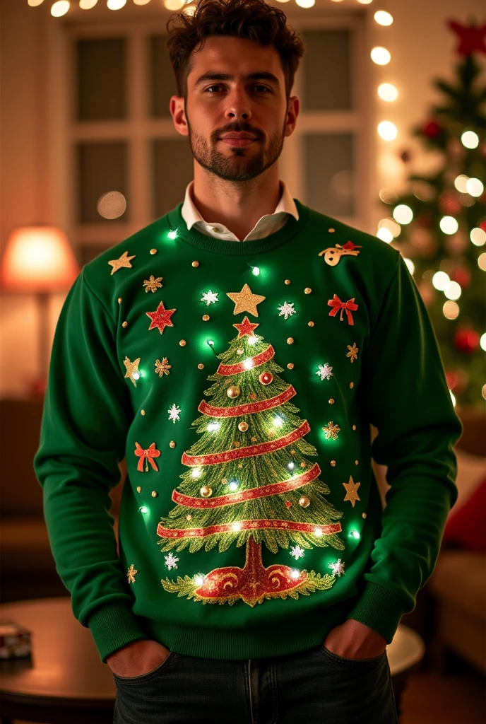 Green Christmas sweatshirt with lights, Photos inspired by Slava Raškaj, Reddit, reproduction, High decoration, 2020 fashion, wearing Festive clothing, decorative, very decorative, There are many small decorations, Festive, wearing a green sweater, 🤬 🤮 💕 🎀, vivid and detailed